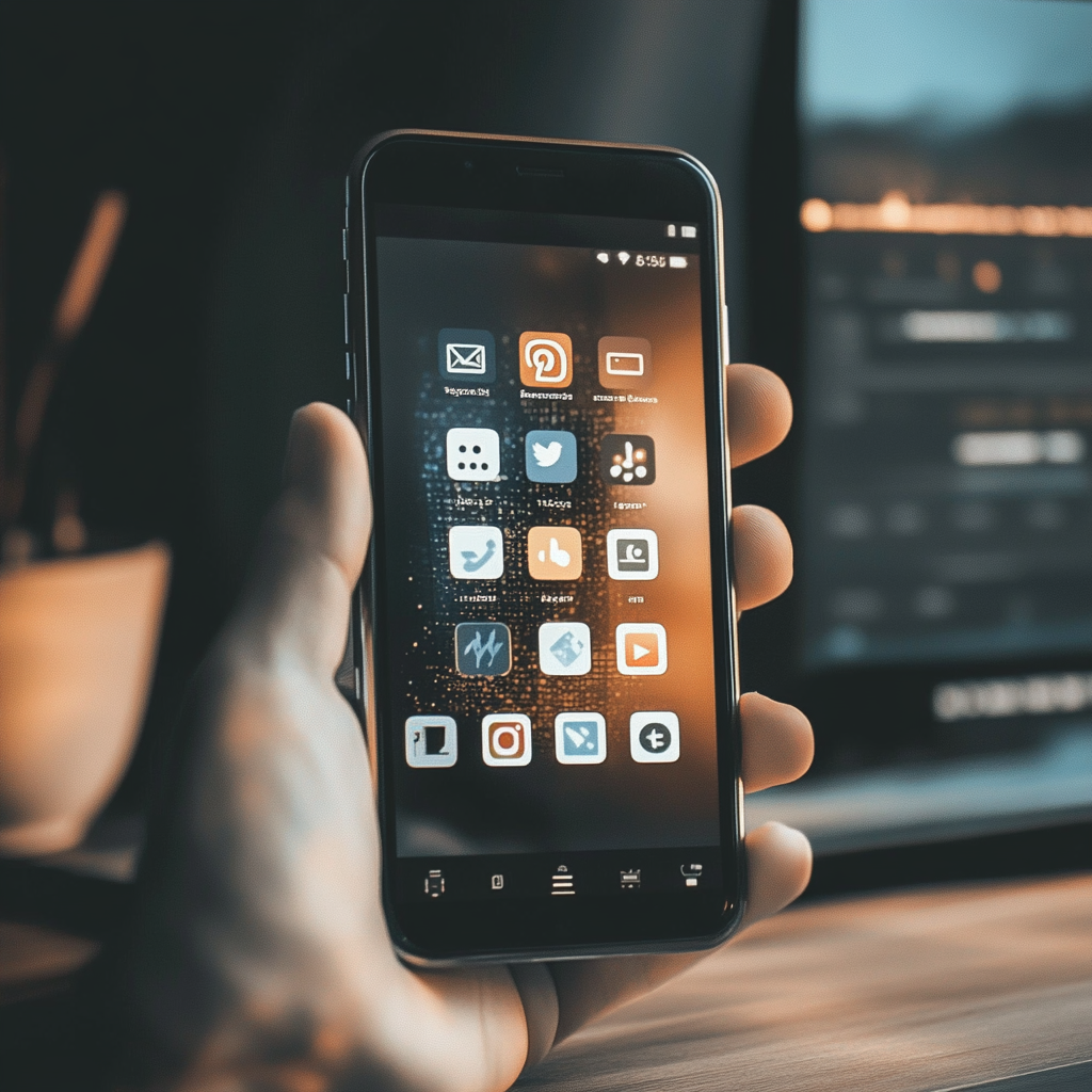 Osoba drži pametni telefon s otvorenim aplikacijama u modernom okruženju, fokus na zaslonu s aplikacijama.