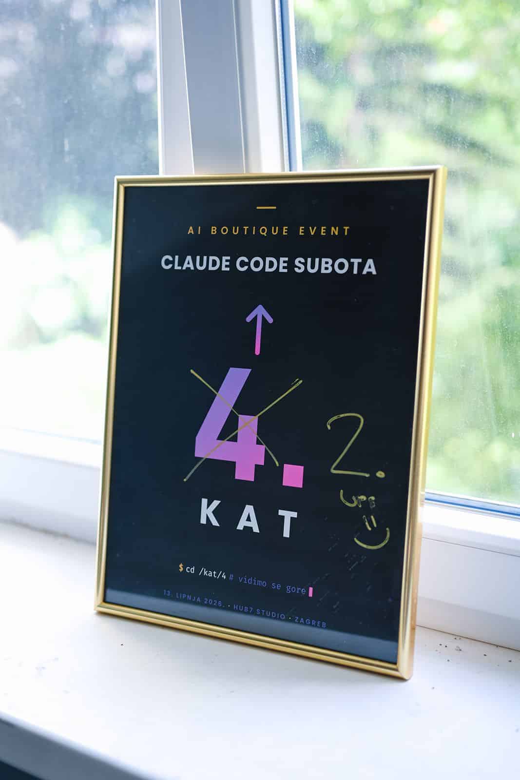 A Claude Code Saturday poster pointing to the fourth floor of Hub7 Studio