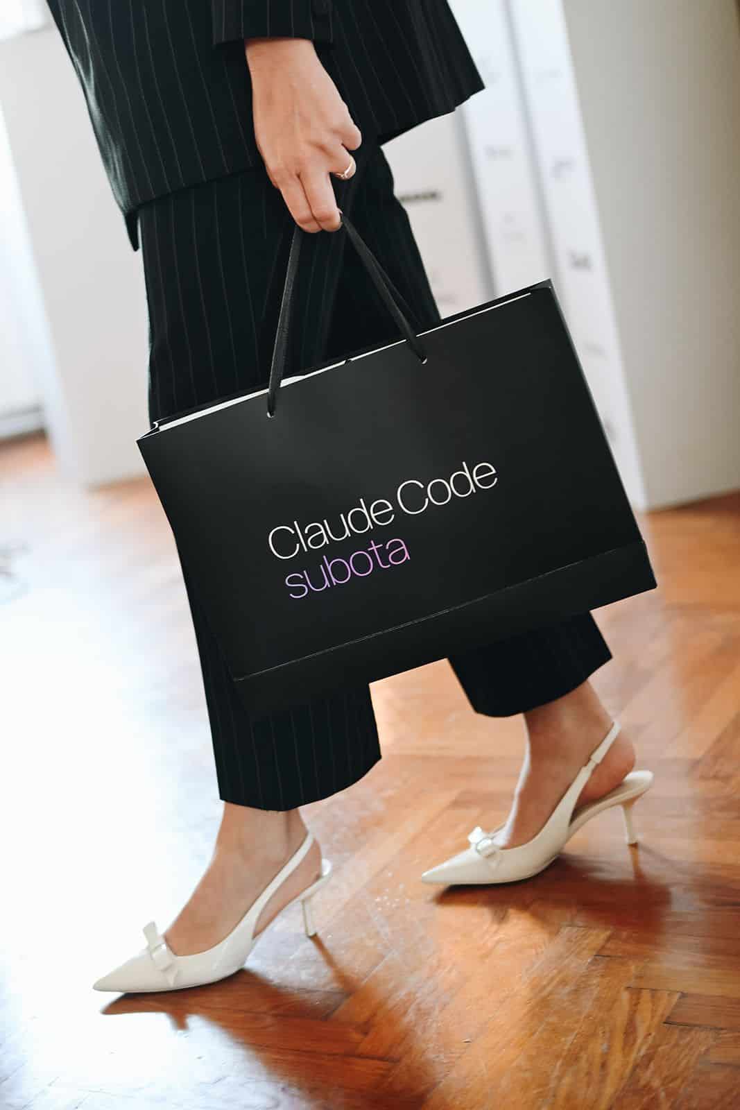 A Claude Code Saturday gift bag in hand on the way out