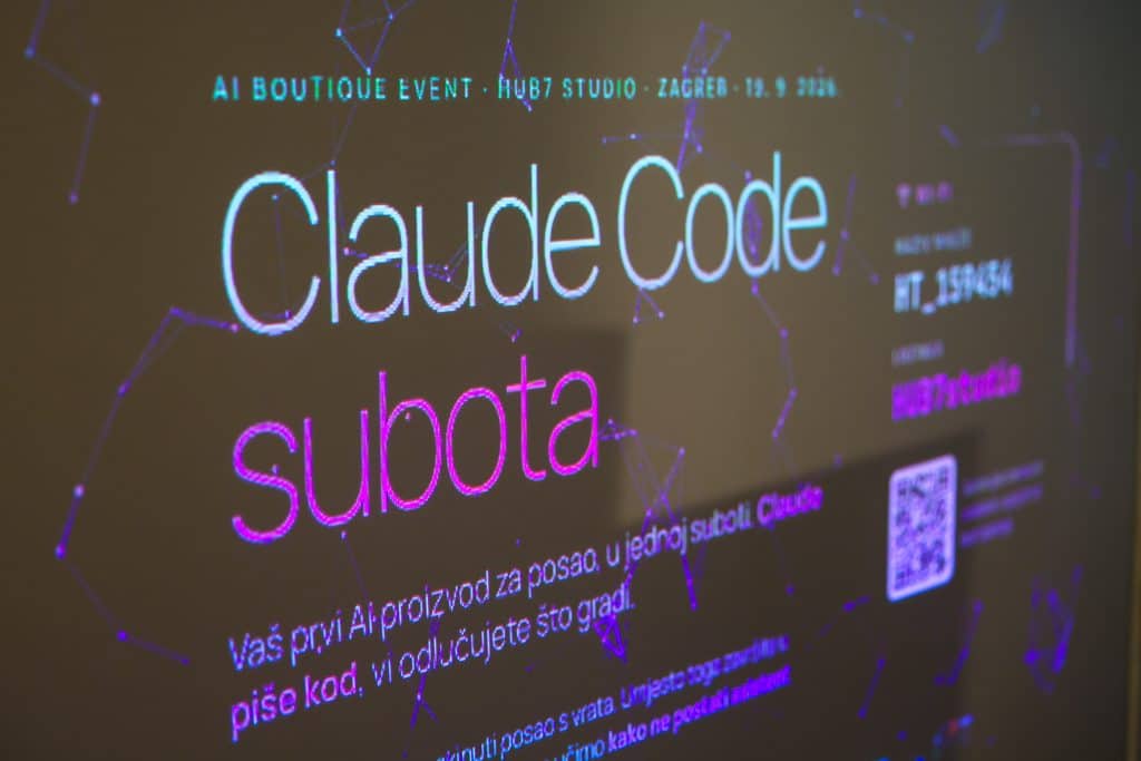 The title slide of Claude Code Saturday on the screen in Hub7 Studio